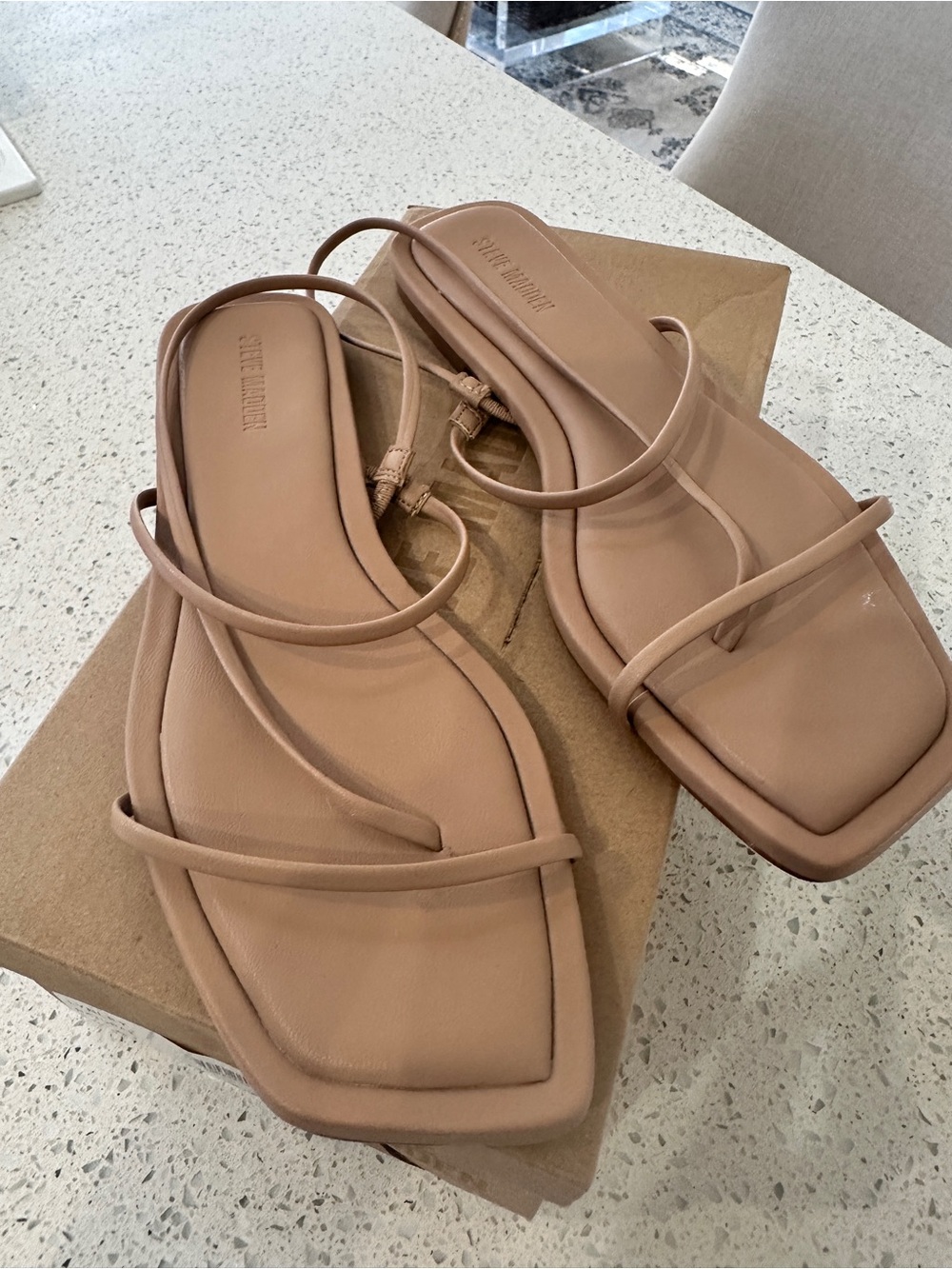 Steve Madden Beige/Nude Strappy Square-Toe Flat Sandals - Picture 3 of 4